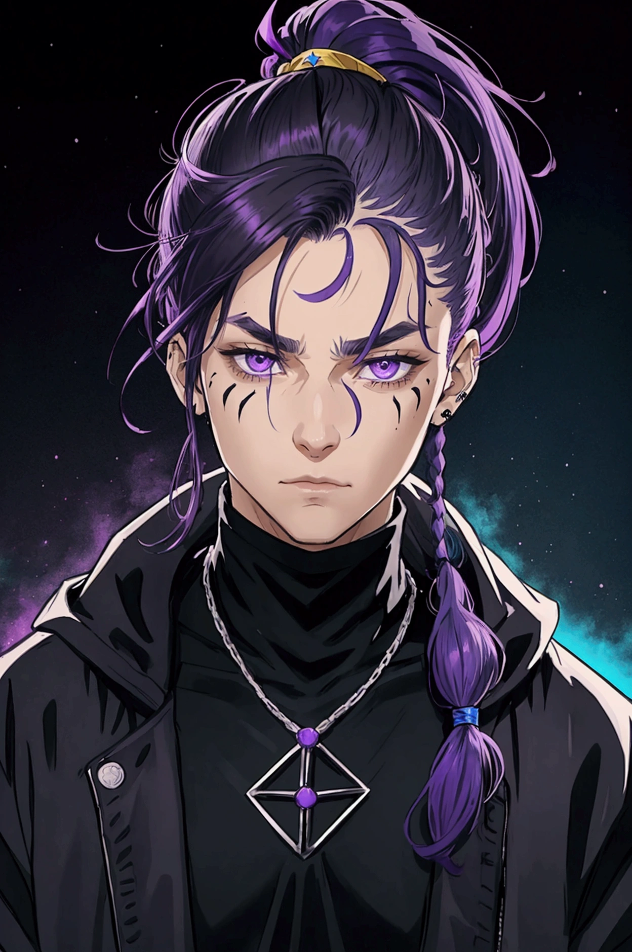 A boy, space pirate, with black and purple clothes, messy black with purples degraded hair, hairstyle with a bun, futuristic pirate clothing, on a pirate spaceship