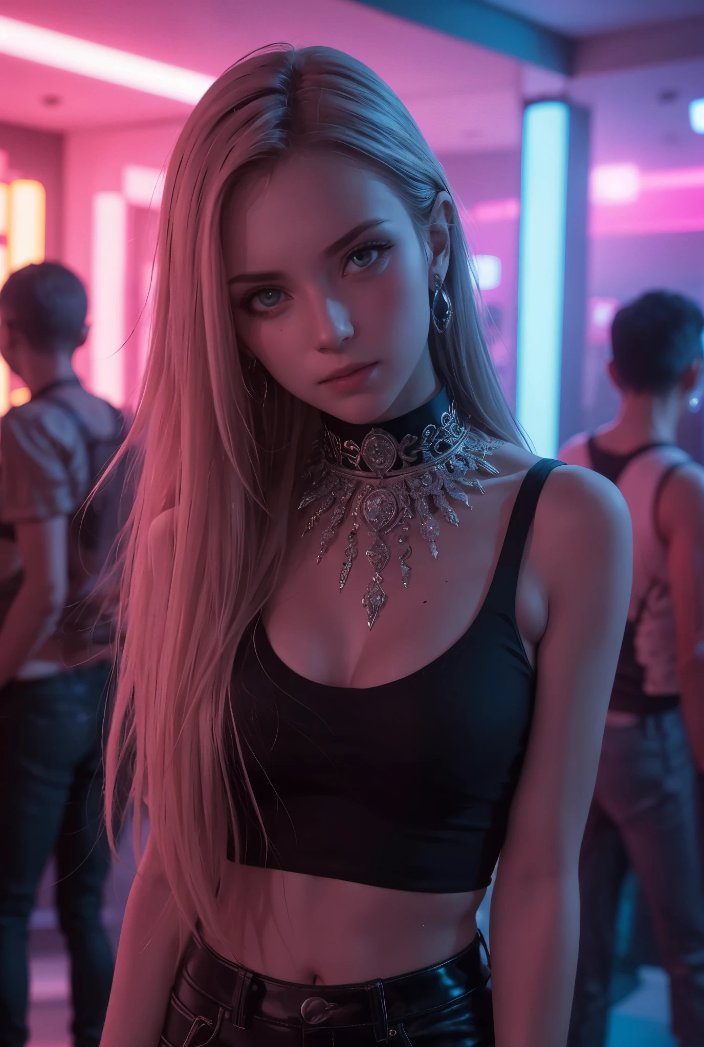 girl, pov, standing, drooping head tilt, leaning forward, hand on breast, ornate intricate metallic plastron statement necklace, detailed necklace, choker, stylish tank top, (slipping strap:1.2), (****, cute), (breasts:1.2), low-waist shiny tight pants, detailed face, looking at viewer, (sharp gaze), (serious gaze:0.8), geometric statement earring, (very straight hair:1.4), (long hair), pale blonde hair, frayed-trimmed hair, middle-parted hair, flash photography, inside modern night club interior, futuristic design element, vibrant neon lighting, minimalist furniture, ambience lighting, (surrounded by man:1.2),