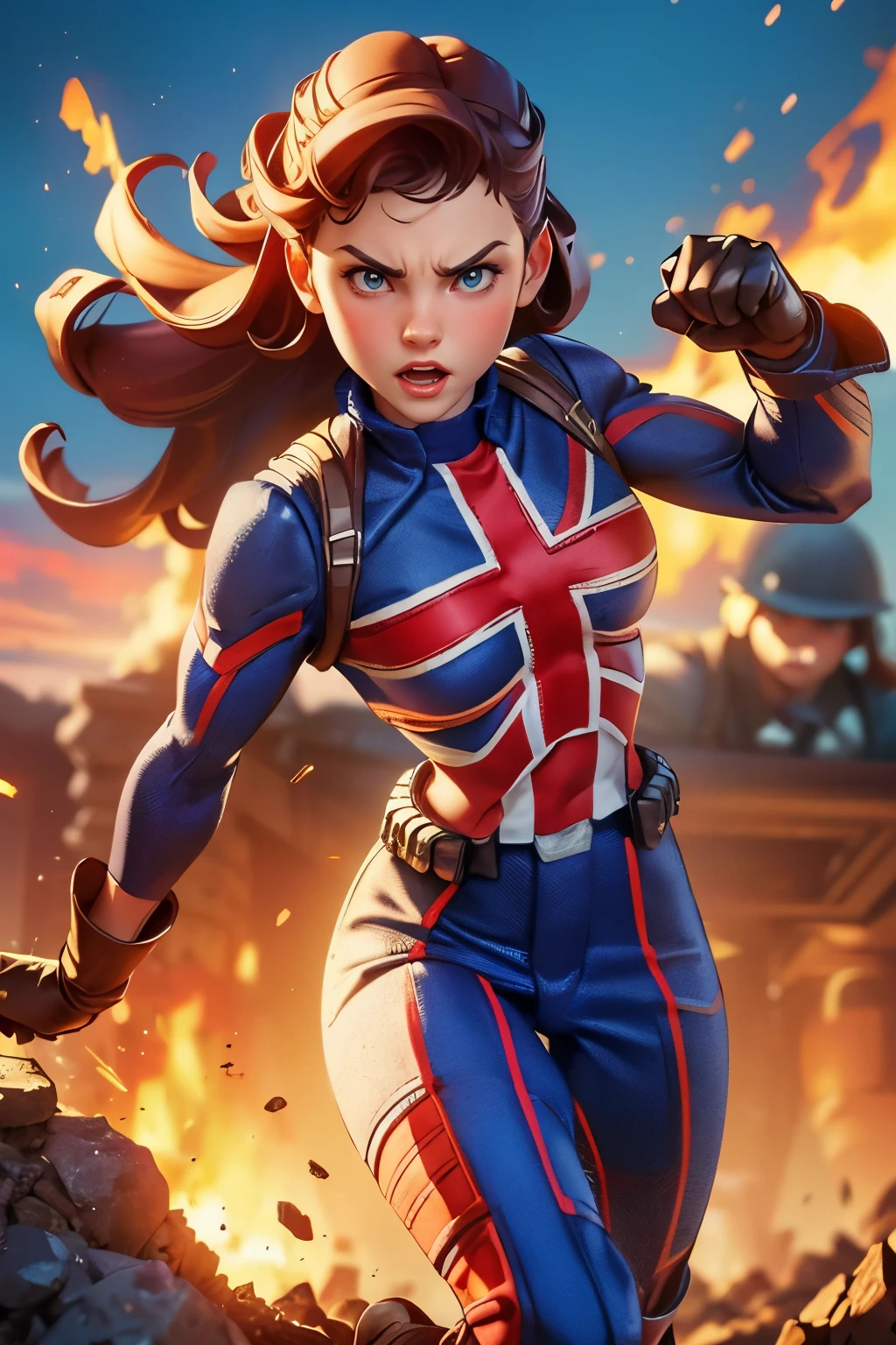 Captain Carter in her iconic Union Jack suit, standing heroically on a battlefield, red and blue shield on arm, glowing with energy. Hyper realistic super detailed capitain Carter, Very detailed, (hyper realistic: 1.4), (in dynamic fight pose, angry face)). (((war background))). natural light, 35mm photograph, film, professional, 4k, highly detailed, Golden hour lighting. Depth of field F2. Rule of Thirds Composition.
