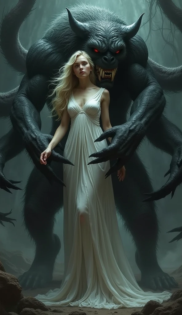 uma jovem de 20 anos, blonde, long hair, angelic face one intense blue eye and the other red, with claws in his hands and fangs like a wolf( earless) in a gloomy forest, dressed the same as Liana Stark , a strong man, brawny, of claws, torn outfit, and visible teeth, Eyes red, like a human almost turning into a black werewolf.
He's carrying her in his arms