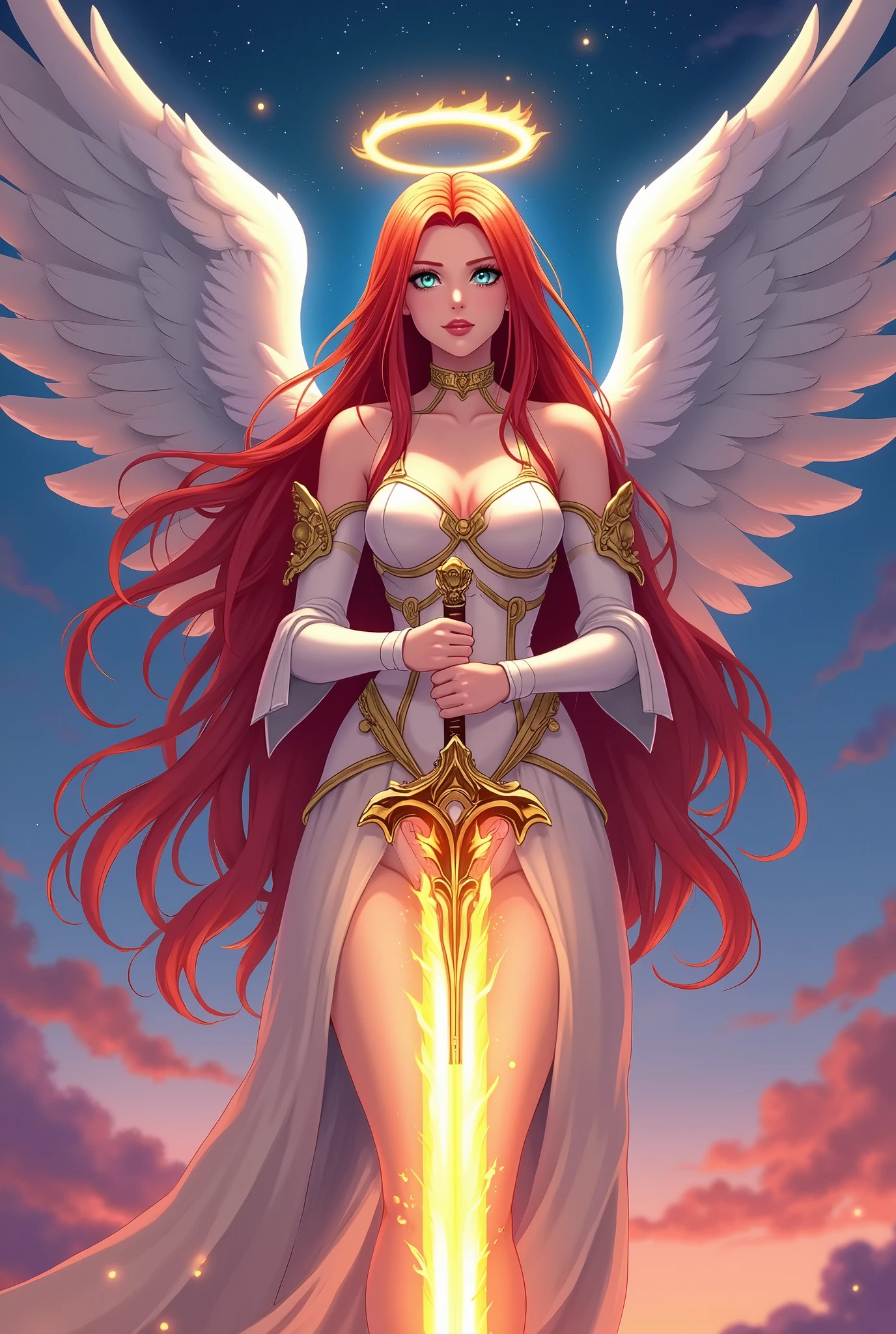 (masterpiece:1.2), (best quality:1.2) (detailed) (intricate) (8k) (HDR)
angel, angel wings, flying, white robe, robes, cloak, long sleeved, jewelry, red hair, freckles,
(dynamic pose:1.4), skin pores, detailed skin, (legs apart), pussy, (crotchless pants:1.4), crotchless, (pussy:1.5), wide hips, (thick thighs)v, (full body:1.4), whole body,
clouds, sky, birds, sun
<lora:CrotchlessPants:1>, <lora:IllustrationCurvyStyle2.0:1>