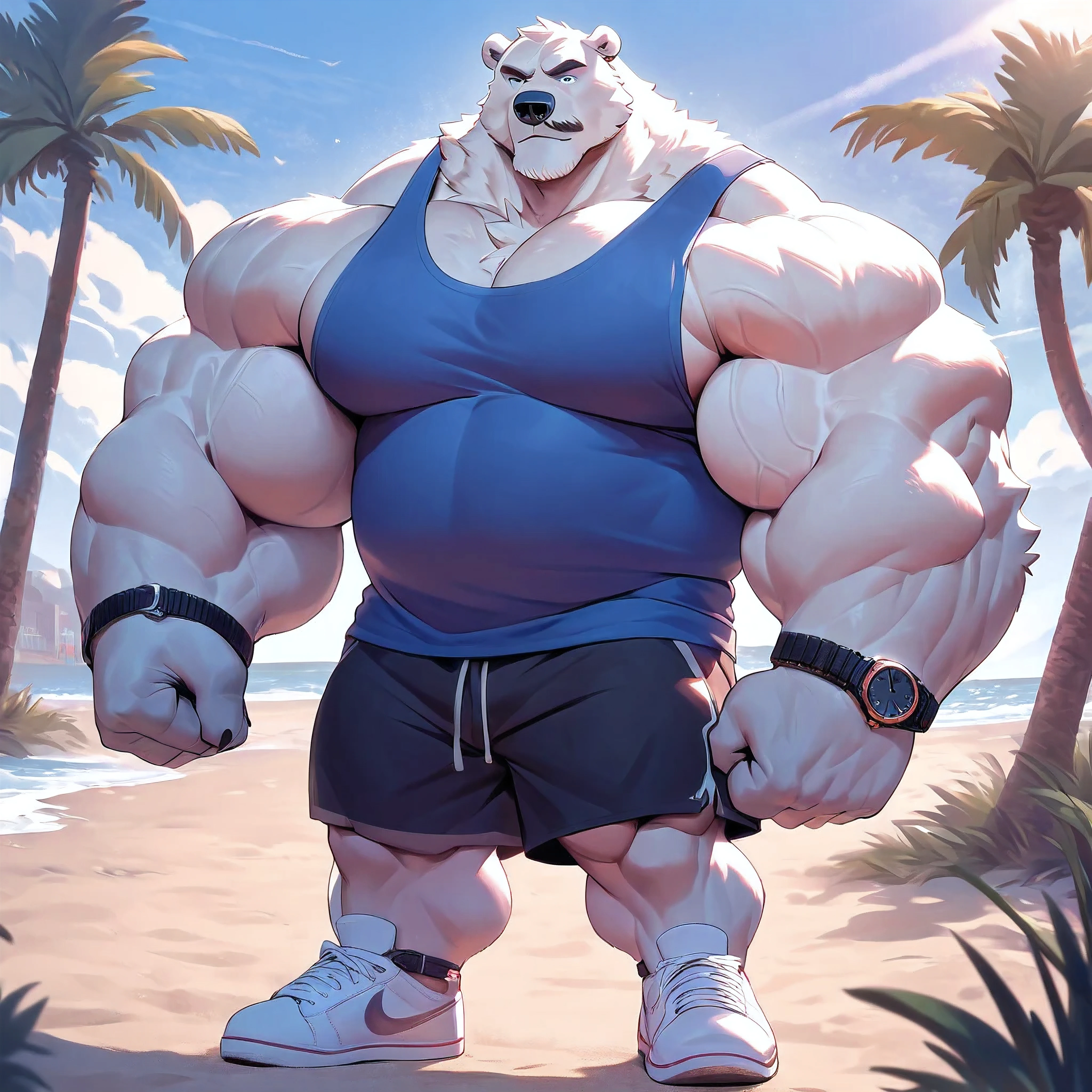 polar bear, old man, male, solo, huge muscular polar bear in L.A. beach, big feats flex, big grunting, polar bear, huge white fur, thick arm, huge arm, thick mustache, thick beard. Short white hair, (muscular, pectoral, wide pectoral, thick arms), 220cm
weight: 254kg, beach, palm, masterpiece, eyebrows added, deatiled eyes with blue pupils, (wearing black shorts, wristband, watch, blue tank top and white shoes), poses his body muscles