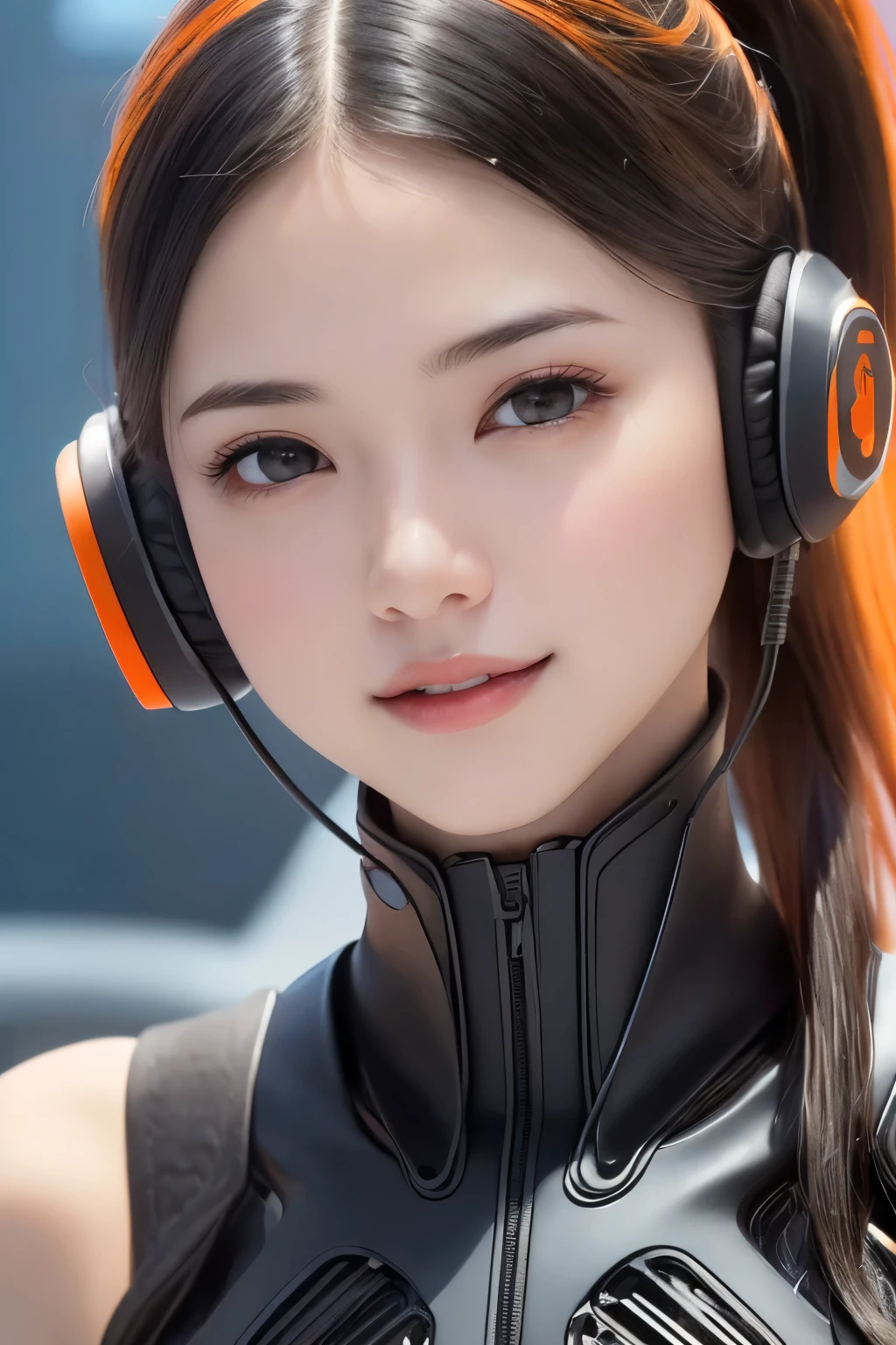 Top Quality, Masterpiece, Ultra High Resolution, (Photorealistic: 1.4), Raw Photo, 1 Girl, Black Hair, Glossy Skin, 1 Mechanical Girl, (((Ultra Realistic Details)), Portrait, Global Illumination, Shadows, Octane Rendering, 8K, Ultra Sharp, Intricate Ornaments Details, realistic skin, sweat effect, ((wearing Headphone)), very intricate detail, realistic light, CGSoation trend, brown eyes, glowing eyes, matte black and glossy orange mechanical bodysuit, Long hair, black hair, Ponytail hair, full body shot, spaceship bridge background, dynamic pose, close up, smile,