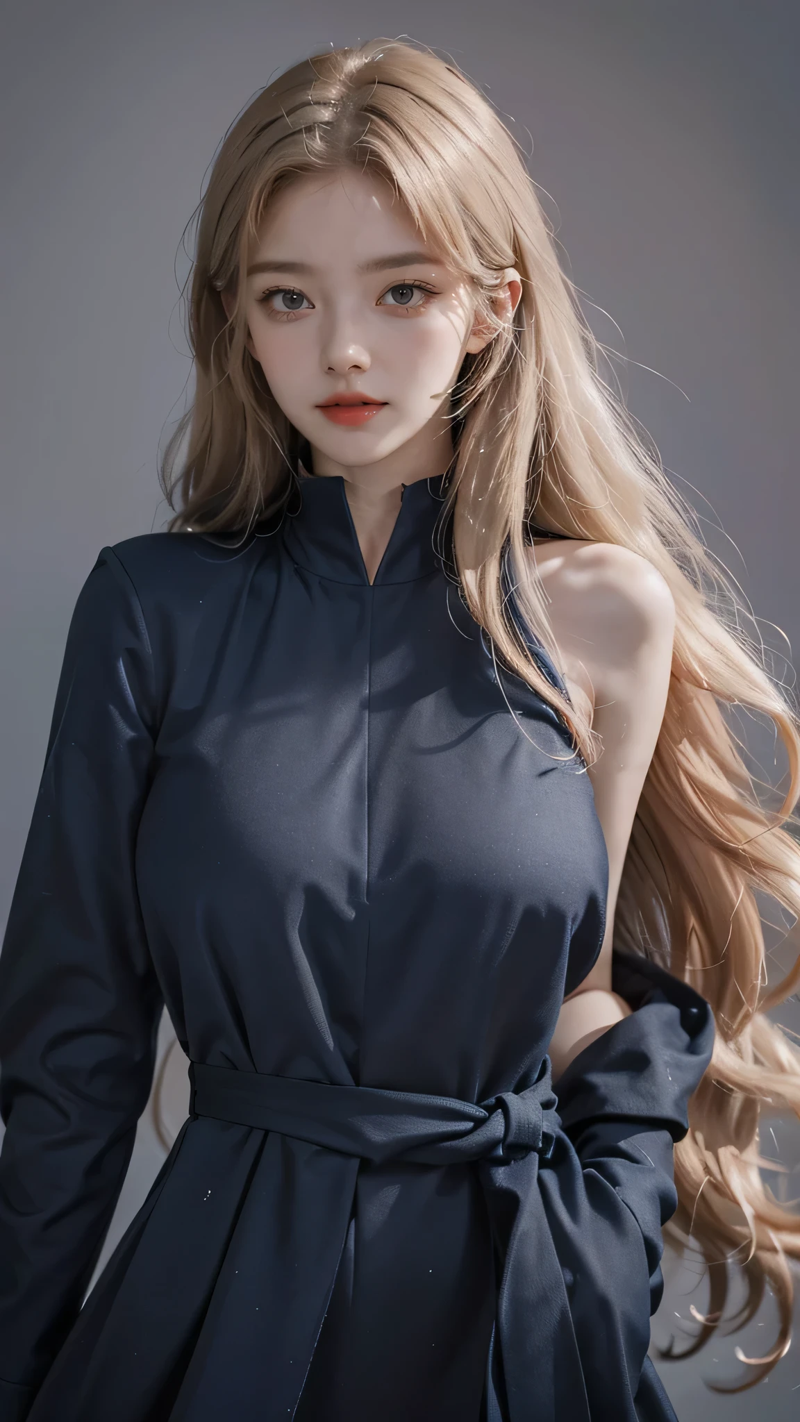 Girl wearing, luxury  cyan coat, shoulder length hair, wavy hair, glowing skin, star in eye, red lips, grey  background, cute poses , upper body, light blonde hair.