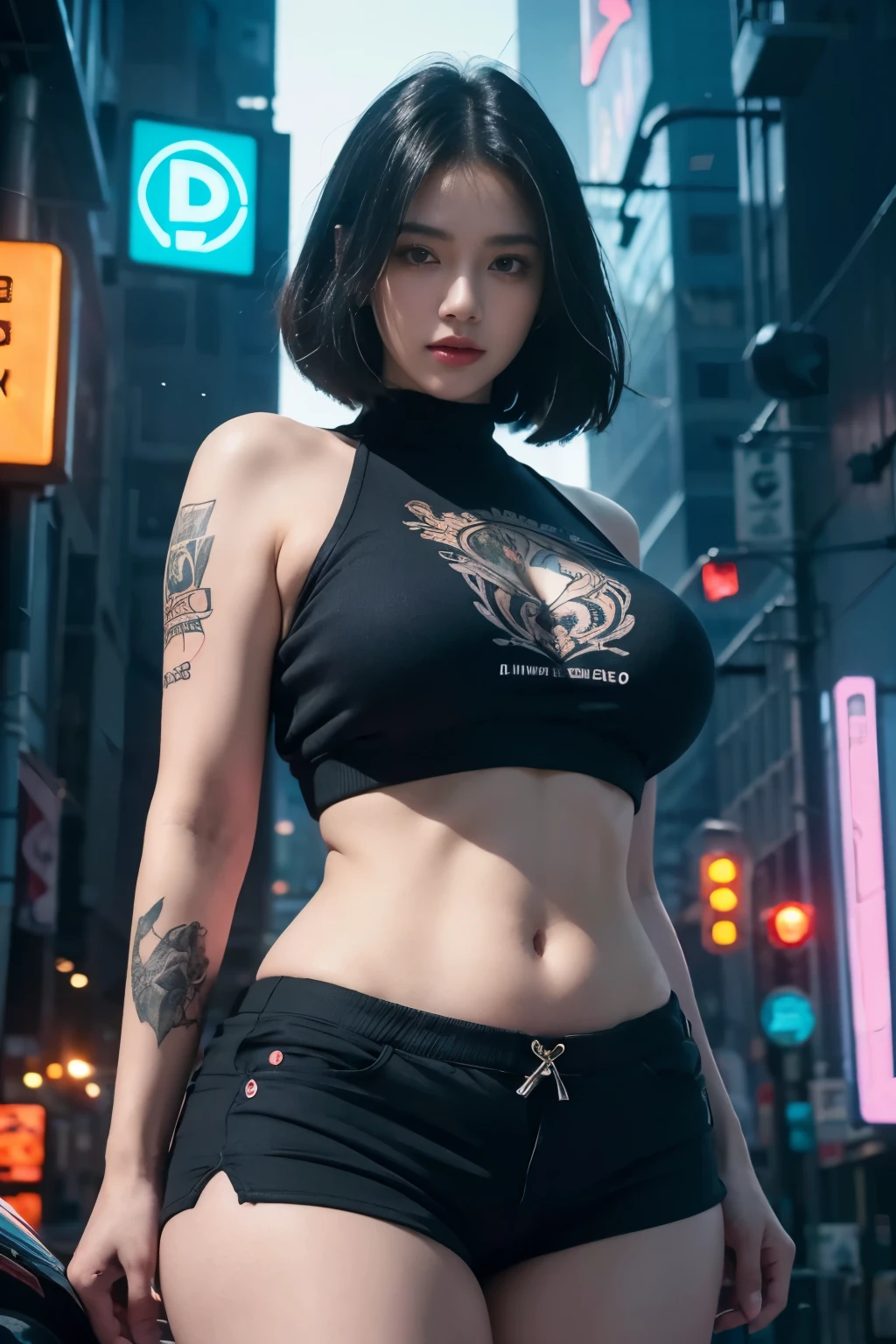 Masterpiece, best quality, 8k wallpaper, photorealistic, focus on face and torso and thighs, professional lighting, 1girl, walking in the middle of a walkway, looking at camera, 22 years old, ((korean:1.4)), hazel eyes, (pale skin:1.2), (skinny:1.5), black long braided hair, (white cotton tank top:1.2), black tracksuit shorts, (earrings), piercings, (tattooed legs), (tattooed midriff:1.2), (tattooed neck:1.4), (tattooed arms:1.6), (((night city with skyscrapers and neon lights))) , (beautiful face, detailed face, detailed skin, detailed hair)