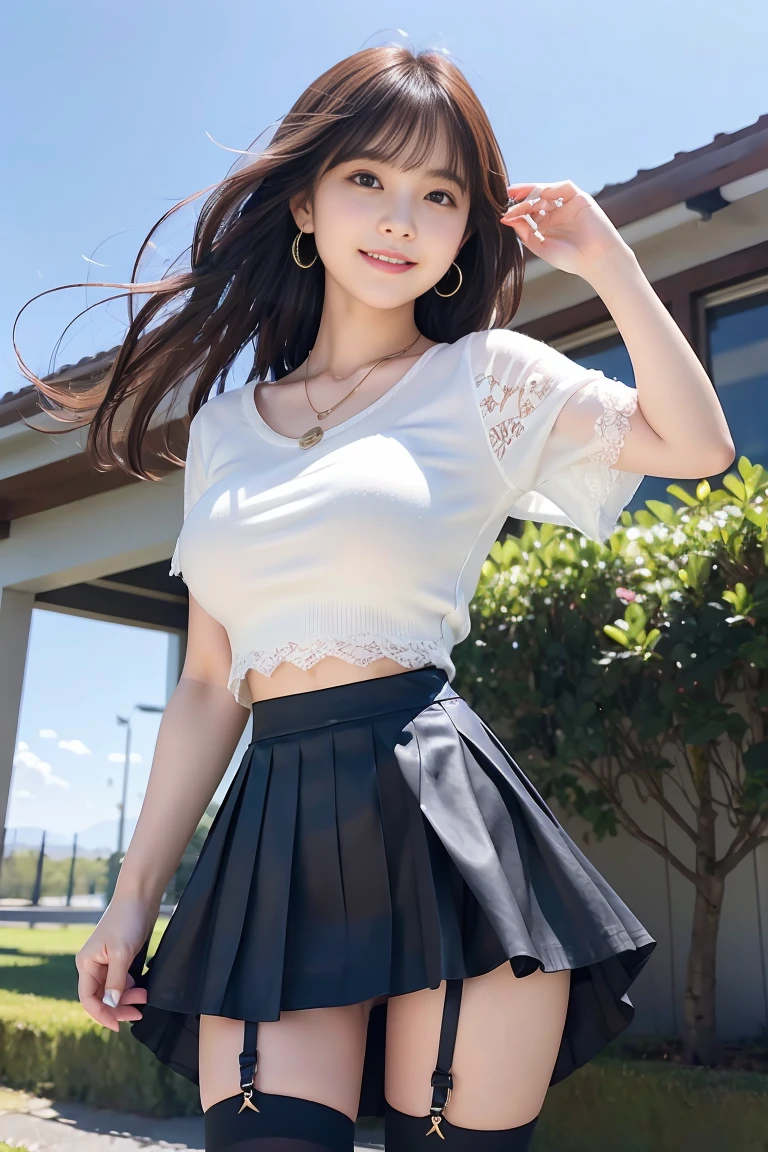 Pubic hair grows、Smile full of happiness、((Transparent lace panties:1.3))、Don't wear panties、、Panting face、Lacking、school girl outfit(Plaid miniskirt)、a sailor suit、Sweating、Expression in a state of excitement、short-hair、eye glass、Almost completely naked、Jumping、(((chest open and fully visible:1.5)))、1girl in, Amazing face and eyes, Smile happily, (extremely detailed beautiful face), (School uniform, Pleated mini-skirt:1.3), (Uniform with wide open chest), (Naked_Shirt:), (Best Quality:1.4), (Ultra-detailed), (A hyper-realistic, Photorealsitic:1.37), Beautiful fair skin, extremely detailed CG unified 8k wallpaper, Raw photography, professional photograpy, Cinematic lighting, Walking, (strong breeze), (Her skirt flutters in the wind:1.7), (pantiy:1.5), Outdoors, Commuting to school, crosswalk, Signal, A refreshing morning, Sunlight, View from below