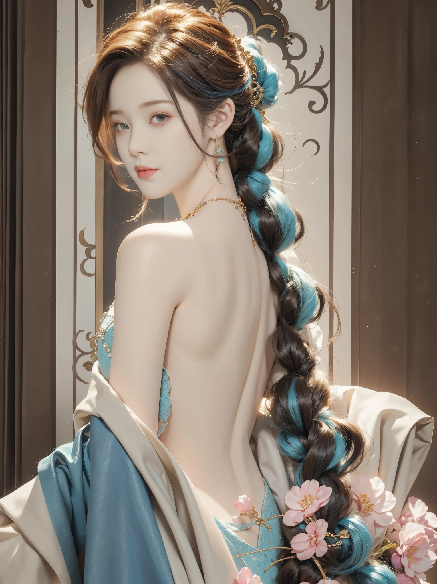 highly detailed, 8K, masterpiece, 1 girl, blue pink_hair, nude, Smile, (perfect_Face), boundary, close up, mad, exist_Back, Gorgeous, complex, dramatic lighting, 4K, detailed_Background, Caustics, full_Body,