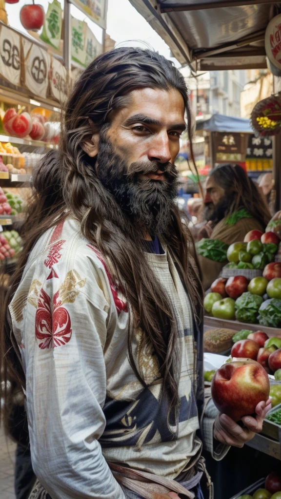 a libra zodiac sign long haired, young, slim man in a busy market, holding in hand a fresh red apple, detailed facial features, close-up portrait, realistic lighting, vibrant colors, cinematic composition, photorealistic, 8k, masterpiece. Smile, wide angle. 