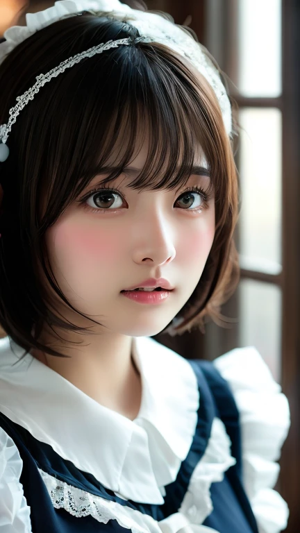 8k, Highest quality, Tabletop:1.2), (Realistic, Photorealistic:1.37), Highest quality, Tabletop, Beautiful young woman, Pensive expression,、attractive、そしてattractive表情, Cute maid outfit, Tie your hair back, Movie Background, Light skin tone、Headdress、Plaid、Bobcut、blush、Small breasts、amount、sheer、Portraiture、Face close-up