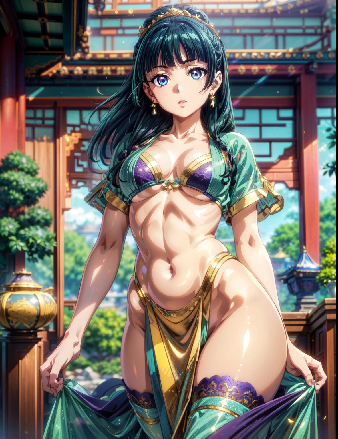 (Masterpiece, Ultra-high resolution, 8k, High Quality, Top quality, High-Detailed, Detailed CG, Cinematic Shadow, Cinematic Scene, Beautiful Detailed Eyes, Ultra Resolution, Depth of Field, High Resolution, Masterpiece: 1.2), Anime Art style Looking at the Audience, leaning forward, body tilt, from back, Dynamic Angle, Detailed Hair, Green Hair, Detailed Eyes, Blue Eyes, Purple Eye, Sparkling Eyes, Sparkling Detailed Eyes, Hair Accessory, Earrings, Slightly Blunt Bangs, Curvy, Slender, Small breasts, Slim Body, Curvy, Slender, Cleavage, thigh, (close-up shot), (Sunlight Creating a Dappled Effect), (She Is Wearing Green Lingerie With Gold Accents), Chinese Architecture Background.