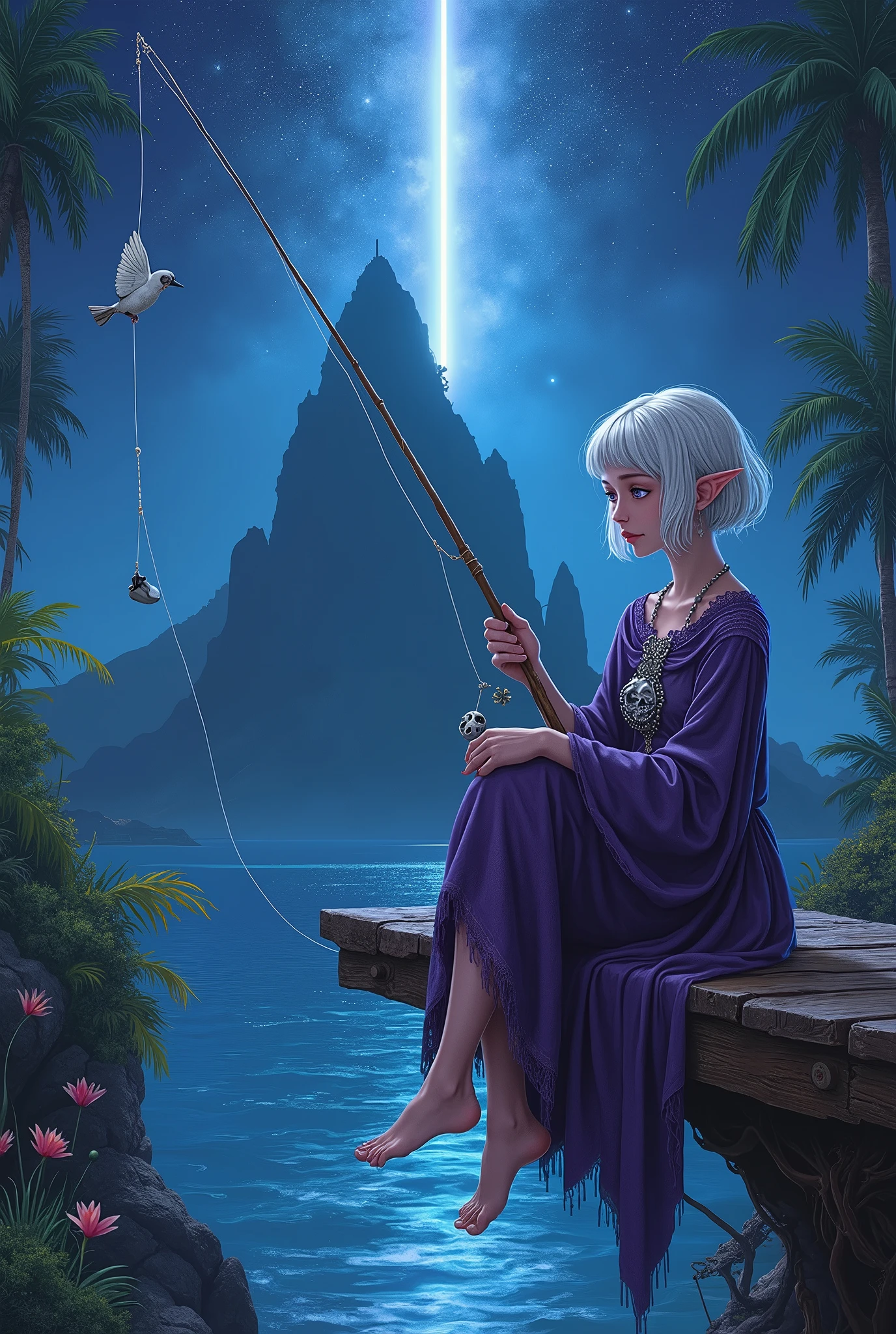 Painting of a woman sitting on a dock fishing at night - SeaArt AI