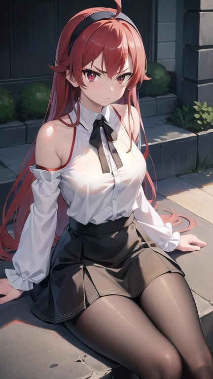 BREAK looking at viewer, BREAK (masterpiece:1.2), best quality, high resolution, unity 8k wallpaper, (illustration:0.8), (beautiful detailed eyes:1.6), extremely detailed face, perfect lighting, extremely detailed CG, (perfect hands, perfect anatomy),outdoor,castle,in middle,road,mansion,eris greyrat, ahoge, hair between eyes, long hair, (red eyes:1.5), red hair, sidelocks, (medium breast:1.2),bare arms, bare shoulders, black hairband, black ribbon, brown skirt, hairband, long sleeves, neck ribbon, pantyhose, ribbon, shirt, shoulder cutout, skirt,stockings, white shirt, wide sleeves,cleavege,neckline,nipples see through,nipples,unbuttoned shirt,open shirt,showing bra,standing in front,full body,angry face,from behind,back view, showing ass,upskirt,pantyhose,