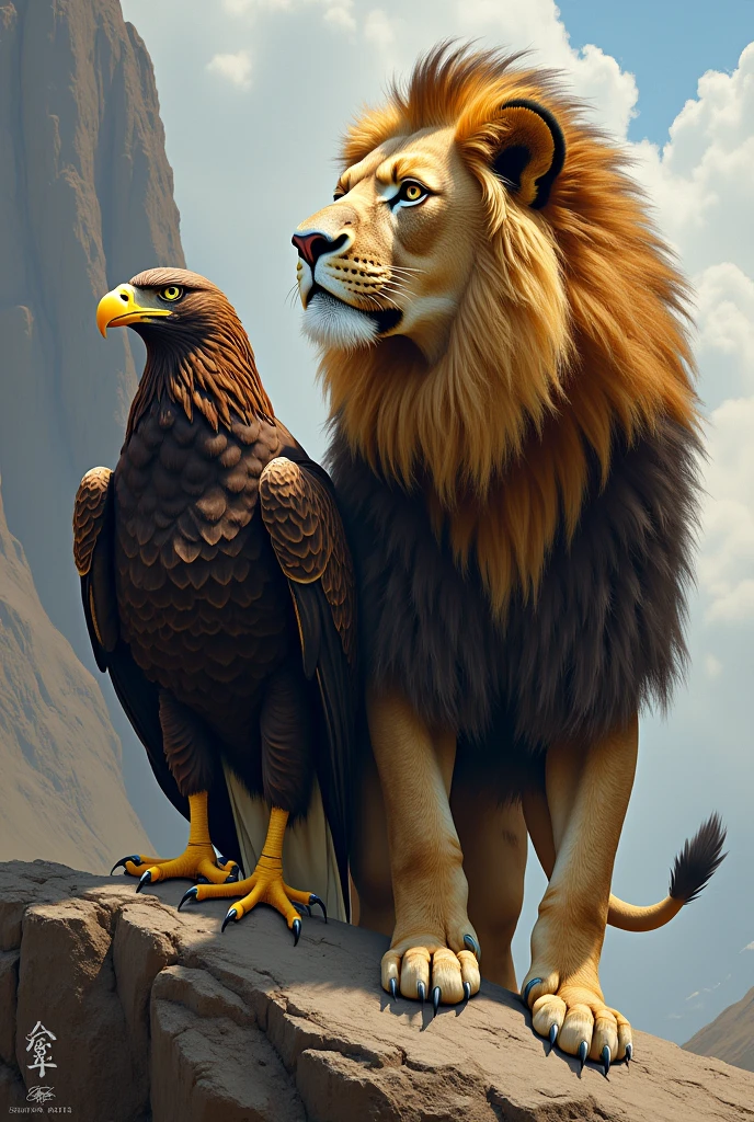 green eagle fighting a yellow lion