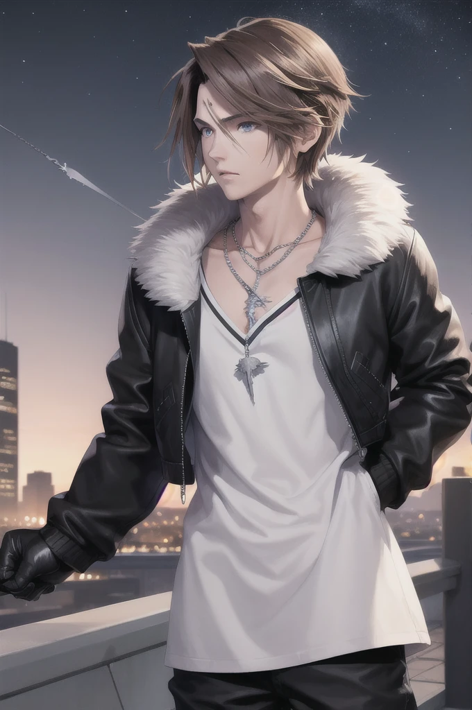 masterpiece, Highest quality, Squall, scar, necklace, Black jacket, Fur trim, Long sleeve, White T-shirt, Black gloves, Upper Body, View your viewers, Night Sky, path, Cityscape, Arms at your sides