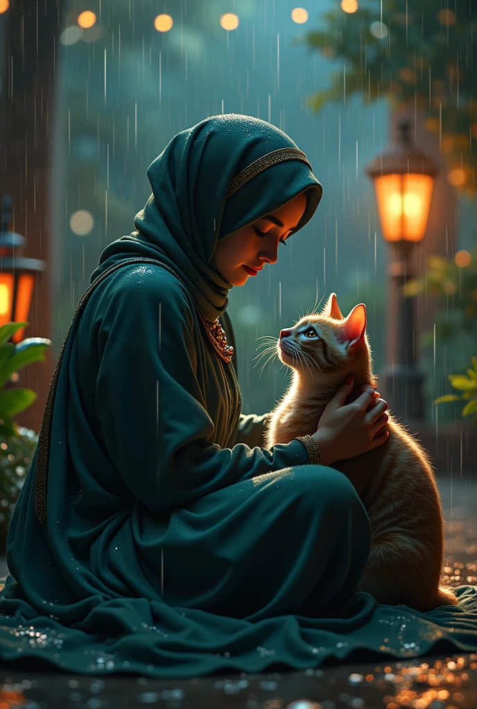 I want a Muslim 7 years girl walking in rain
She finds a beautiful cat
The cat was trembling with cold