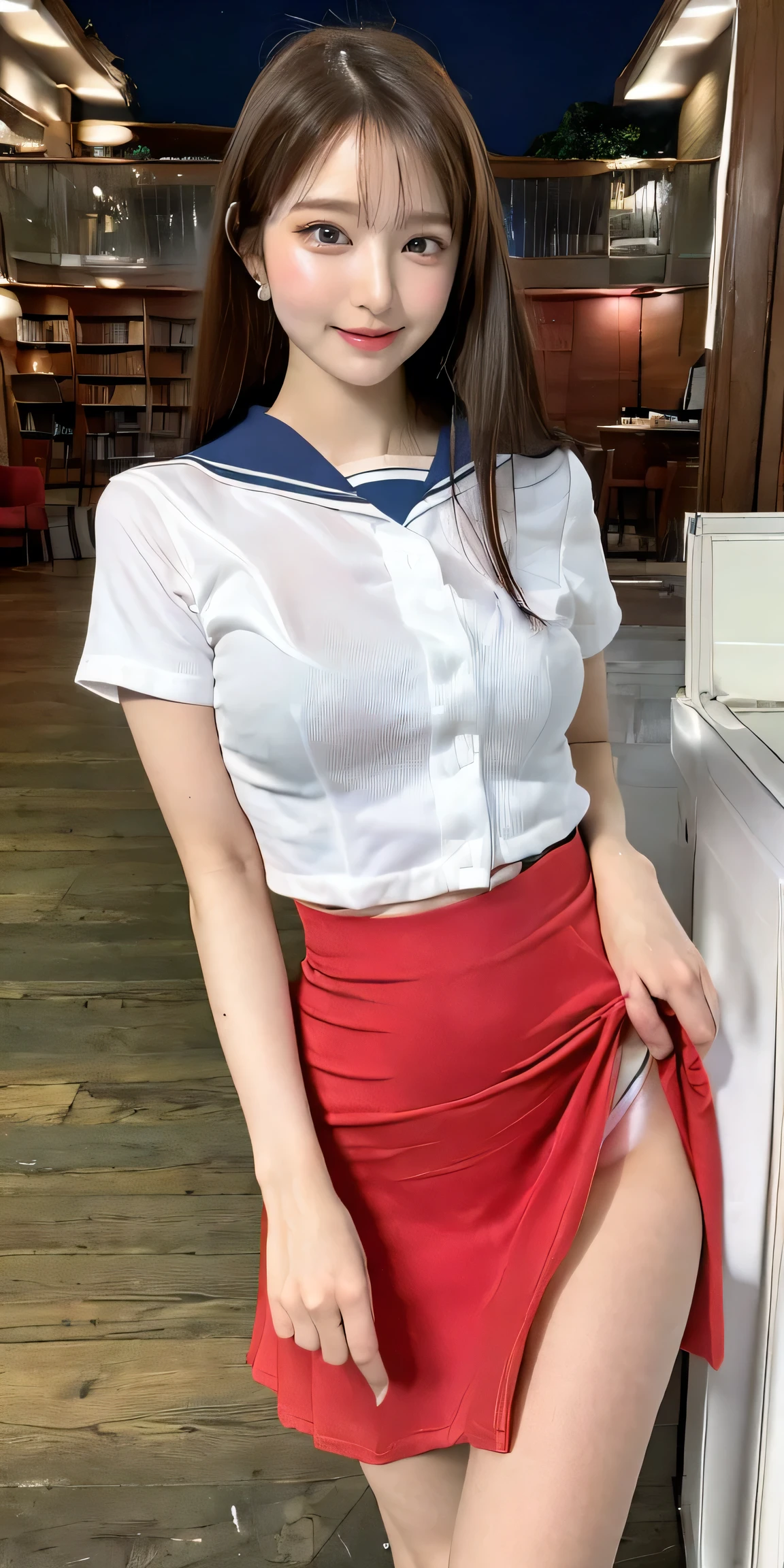 (((A proper woman, Eyes shining with excitement,smile,blush,blush,Red cheeks,Touched,fascinating viewer,I want you))),(Skirt flip,i can see your Navy panties), (Skirt flip,i can see your Navy panties),((((blush,Red cheeks,Sweat)))),(Cinema Lighting), (Photorealistic:1.4)、(Surreal:1.4)、(Realistic:1.3)、 (Gentle lighting: 1.05)、(Improve the lighting quality of the video:0.9)、 32K、2. Women、Photorealistic Lighting、Backlight、Facial Light、Ray Tracing、(bright:1.2)、(Improvement of quality:1.4)、 (Highest Quality Real Texture Skins)、Beautiful Eyes,Delicate face、 Face close-up,  ((Wearing the Red Stewardess uniform,Red Stewardess,Midi Skirt,Navy panties,High heels),(Enhance your body line:1.1)、Glowing Skin、Korean Idol、Nogizaka Idol、Perfect figure,Perfect Anatomy,Beautiful actress,(((Very large beautiful breasts bigger than her face,Tight waist,Small waist,length, Thin legs,8 heads))),(((8 heads))),(((Brown bun hair,Curtain bang))),(((Beautiful and modern office in a library,Very beautiful night view,At night))),
