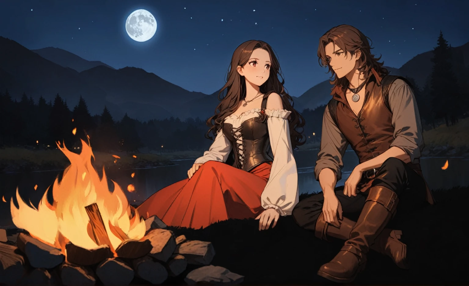 masterpiece, best quality, perfect face, anime, (expressive eyes), campfire, night scene, two people sitting by the fire staring at each other affectionably. medieval fantasy renaissance. young woman on the left wearing red dress with a leather corset and long open shoulder sleeves, she have black wavy hair and brown eyes. young man on the right wearing grey shirt with a leather vest, black pants and boots, he have long wavy brown hair falling over his shoulders and brown eyes, silver medallion around his neck. campfire in front, dark silhouettes of trees, mountains and a river flowing in the background, deep blue sky replete of starts and a full moon, soft natural lighting from the fire, warm and cozy atmosphere, low angle, balanced exposure