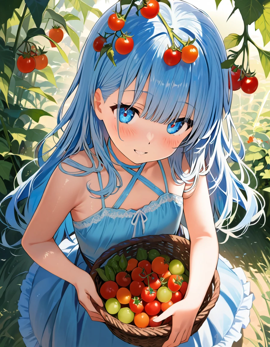 masterpiece, best quality, extremely detailed, (illustration, official art:1.1), 1 girl ,(((( light blue long hair)))), ,(((( light blue long hair)))),light blue hair, , long hair ((blush)) , cute face, big eyes, masterpiece, best quality,(((((a very delicate and beautiful girl))))),Amazing,beautiful detailed eyes,blunt bangs((((little delicate girl)))),tareme(true beautiful:1.2), sense of depth,dynamic angle,,,, affectionate smile, (true beautiful:1.2),,(tiny 1girl model:1.2),)(flat chest),Photorealistic、Chibi Girl（Harvesting cherry tomatoes、A lot of cherry tomatoes in a basket、smile）、Vegetables in a basket、field,