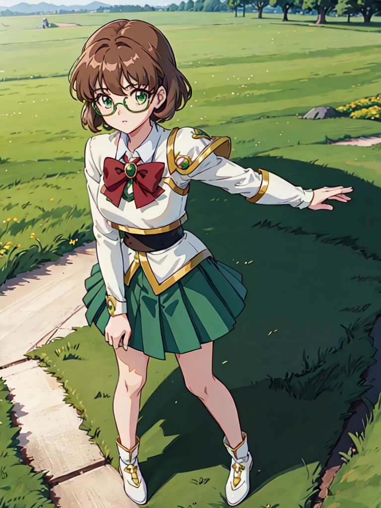 outdoor, Masterpeace, high quality, Magic_Knight_Rayearth, 1girl, solo, short hair, green skirt, pleated skirt, brown hair, bow, school uniform, green eyes, white shoes, Glasses