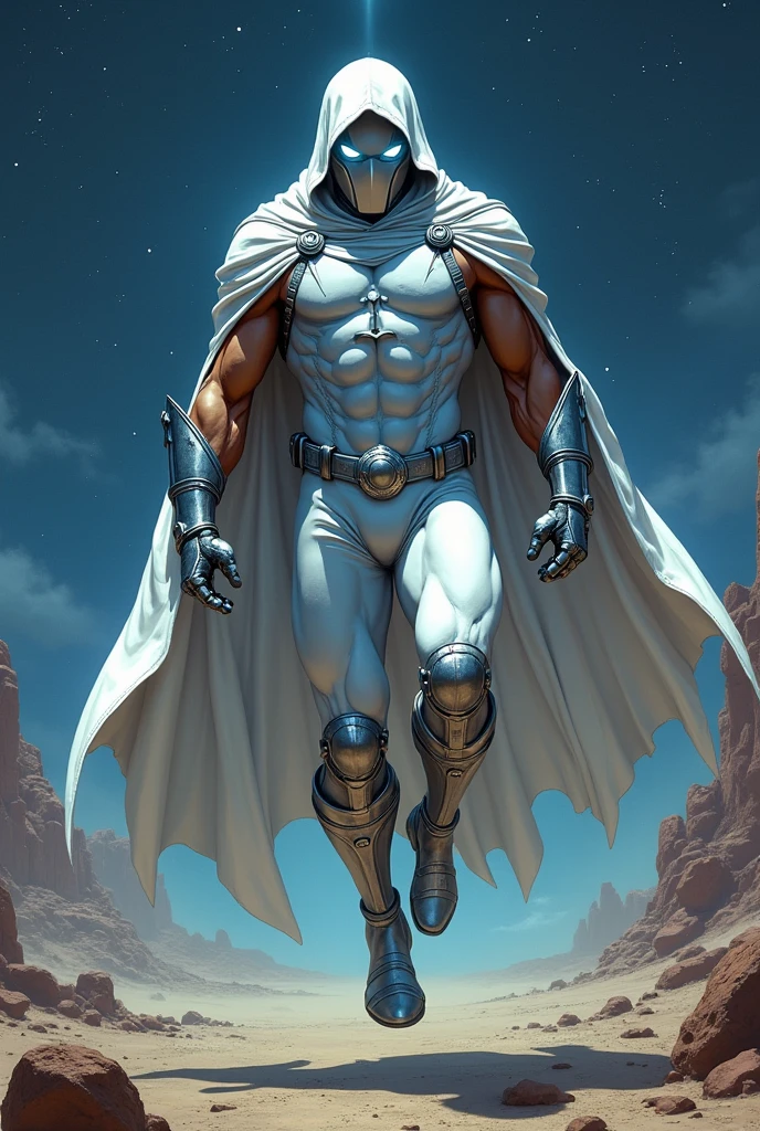 90s comics style. Moon Knight Full Body Portrait, a Marvel Comics superhero and vigilante, equipped with a sleek tactical suit that covers his entire body, combines a white and silver color scheme++. He wears a long, flowing white cloak with a hood.. The cape appears streamlined and billows behind him as he moves.; His face is hidden by a white cloth mask., leaving only bright blue-white eyes visible. This gives the character an air of mystery and intimidation.. He has an athletic and muscular build., highlighted by the tight suit, There is a silver crescent moon symbol on his chest++, displays a high level of physical skill. Parts of your outfit, like the forearms, the shins and sides, They are reinforced with silver armor-like components., Silver crescents adorn her waist++, offers protection and agility. It is represented levitating near the ground, in a night desert, view from below, Best Quality.
