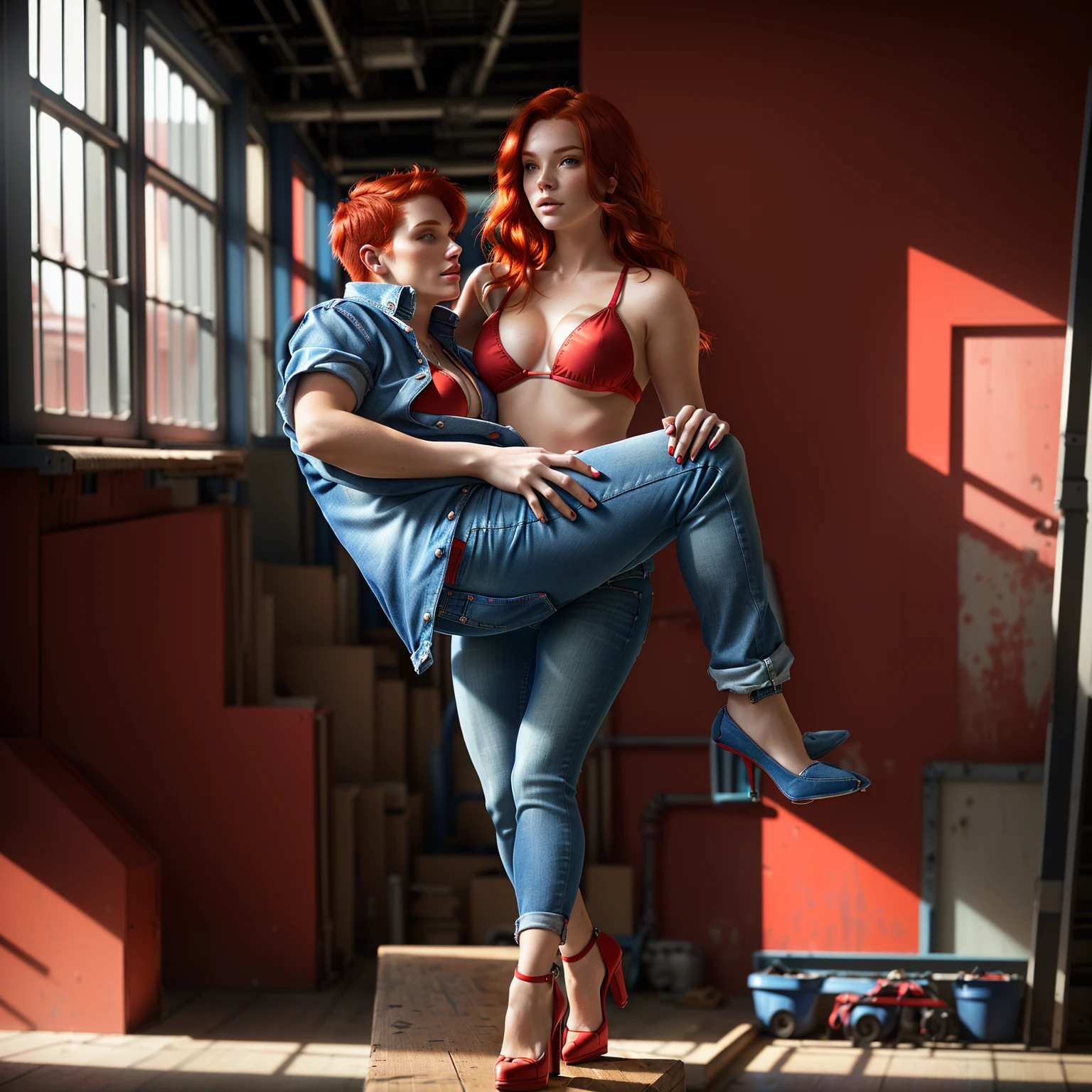 vibrant red hair, bikini top and bottoms in red, denim jeans, blue shirt, red high heels, standing indoors, large industrial setting, natural light from side windows, bicycle in the background, playful atmosphere, strong backlighting, shadows falling on the floor, shallow depth of field, front view, close-up focus, (girl carrying man in her arms)