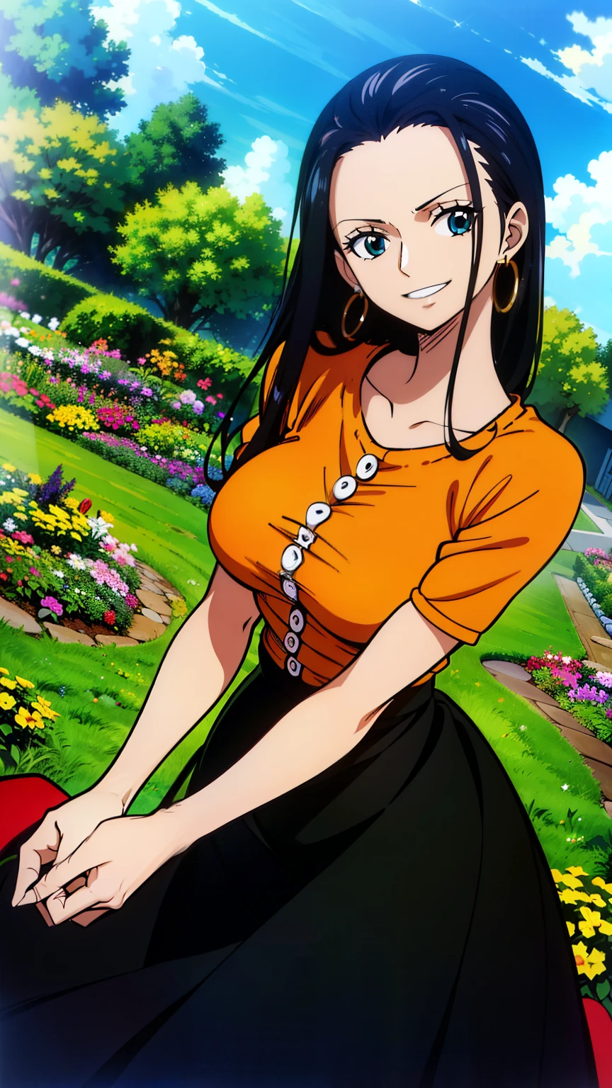 (masterpiece, best quality, high resolution, 8K:1.2), anime coloring, detailed, from one piece, one piece style, Nico Robin, woman with long black hair, big medium breasts, happy expression and laughing, soft look, beautiful face, perfect hands, (shirt, long skirt, earrings, garden), cowboy shot, dutch angle, looking at viewer,
