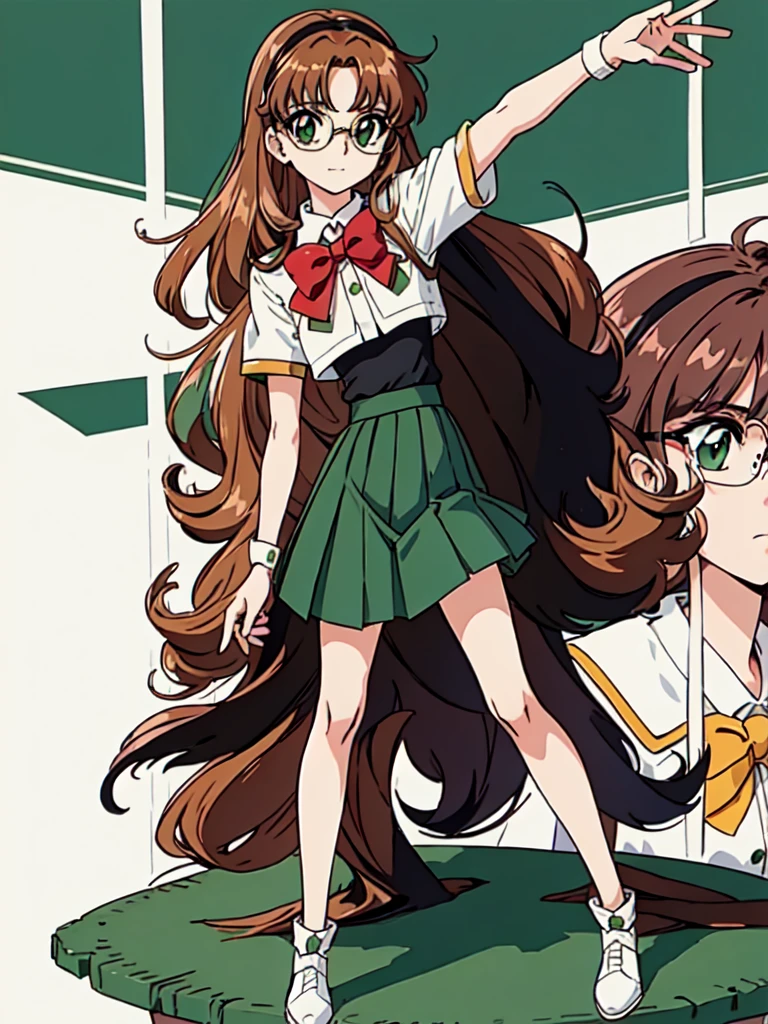 Rayearth, hououji_fu, 1 female, 20-year-old, alone, thin, slender, small breasts!!!, Loose curly hair, Bedhead, thin, slender, (((glasses))), , green skirt, pleated skirt, brown hair, bow, school uniform, green eyes, white shoes, Half Smile, Are standing, art, black and white, line art, pencil drawing, draft, White background, portrait