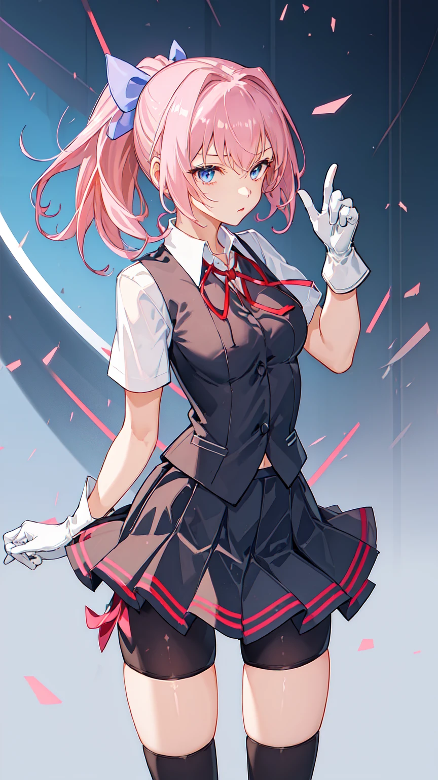 ((masterpiece)),(best quality),official art,extremely detailed CG,unity 8k wallpaper,ultra detailed,1girl,solo,cowboy shot,(portrait:1.2),neck_ribbon,red_ribbon,pink_hair,blue_eyes,fingerless_gloves,bike_shorts,pleated_skirt,ponytail,white_shirt,school_uniform,black_gloves,short_sleeves,grey_skirt,short_hair,dress_shirt,shorts_under_skirt,collared_shirt,zettai ryouiki thighhighs (visible nipple)small breasts.Narrow waist。Perfect proportions。Slender body。well-proportioned body。Poses that show off the side of the body(satin fabric shirt) Factory inside