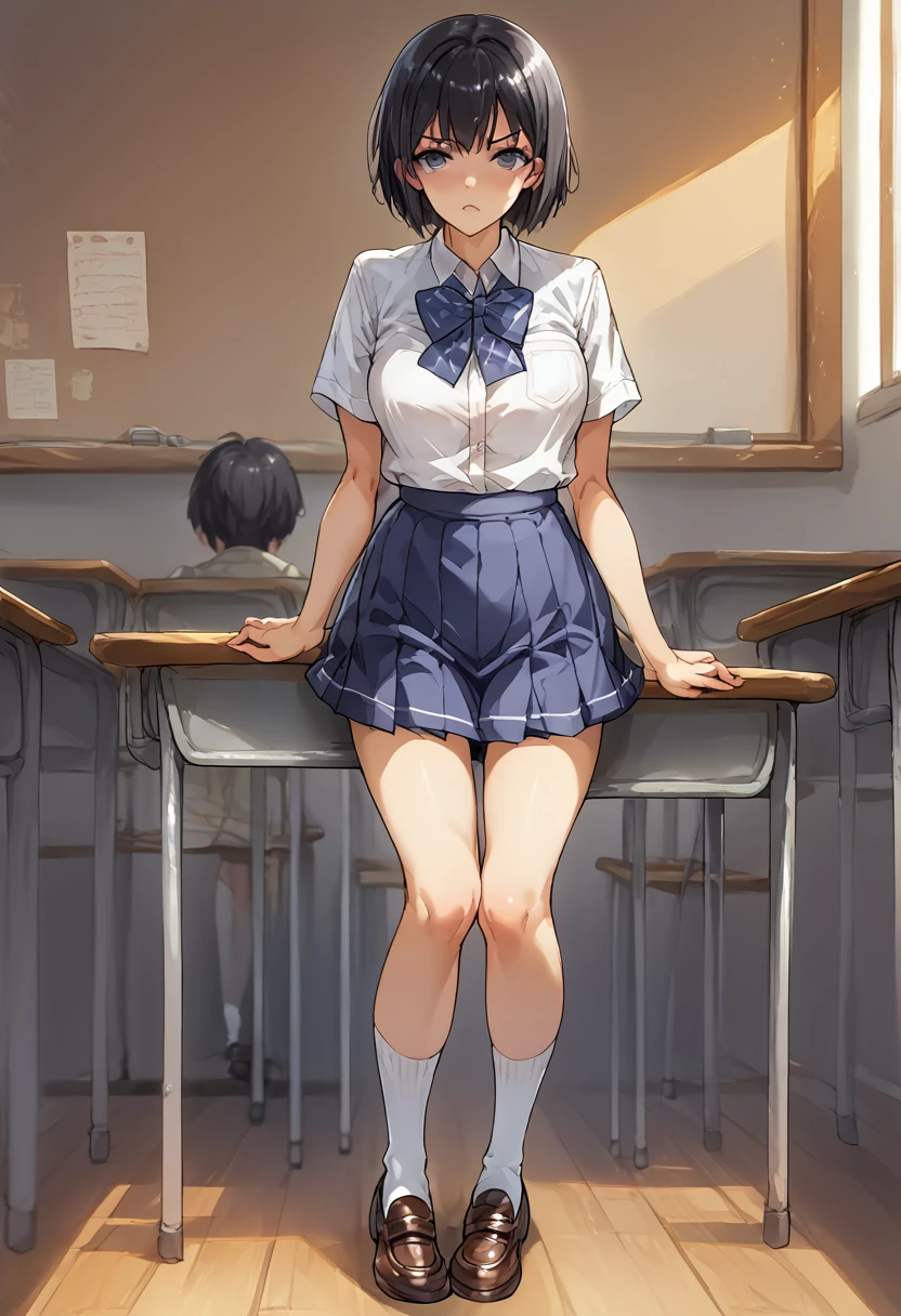 In the classroom、Full body shot、Black Hair、short hair、White short-sleeved shirt、ribbon、Mini Check Skirt、Navy short socks and loafers、Petite figure、Being molested