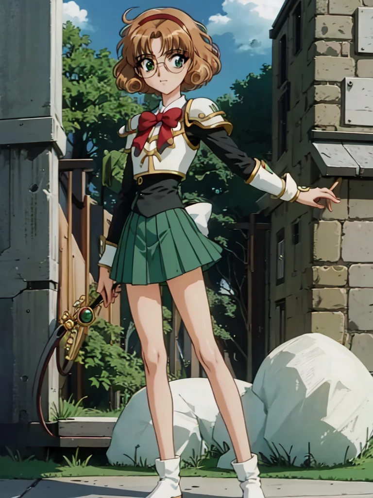 Rayearth, hououji_fu, 1 female, 20-year-old, alone, thin, slender, small breasts!!!, short hair, curly hair, Bedhead, thin, slender, (((glasses))), solo, green skirt, pleated skirt, brown hair, bow, school uniform, green eyes, white shoes, Half Smile, Are standing, portrait