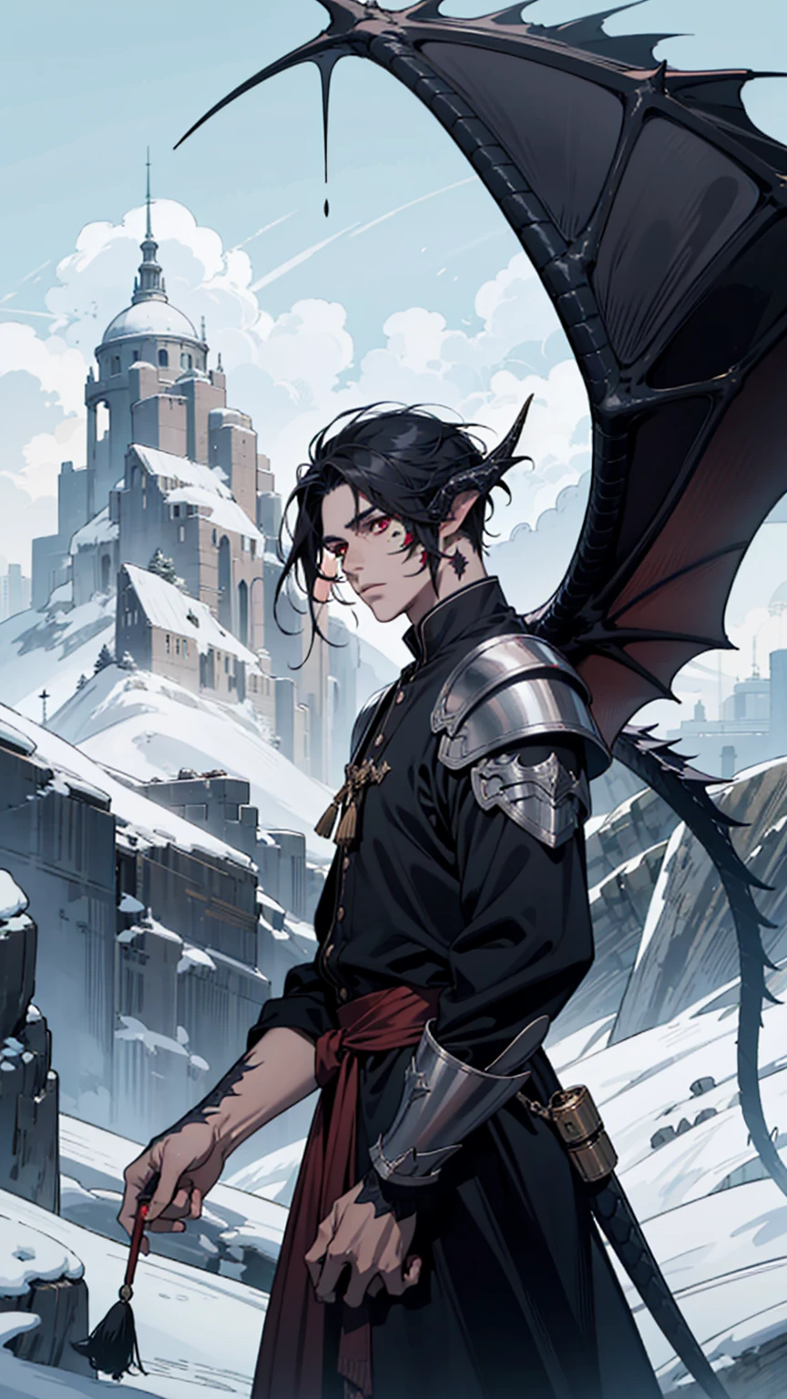 man, looking at camera tall, dragon man, black horns, black scales, slick back hair, black hair, dragon tail, black, wings, armor, red eyes au ra, sclaes, black, music, landscape, magic
