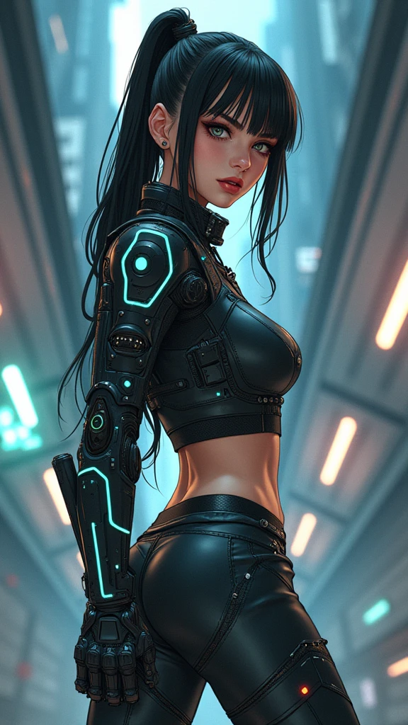 cyberpunk, cyborg hembra, Habilidad especial, uniforme, Mejora mecanizada, belleza, cabello negro, Japan, rodilla hacia arriba, cara fina, cuerpo fino, Cola de caballo, mechanical eyes, ojos naranjas, ojos brillantes