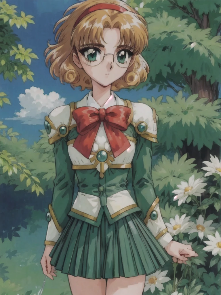 Rayearth, hououji_fu, 1 female, 20-year-old, alone, thin, slender, small breasts!!!, short hair, curly hair, Bedhead, thin, slender, (((glasses))), solo, green skirt, pleated skirt, brown hair, bow, school uniform, green eyes, white shoes, Half Smile, Are standing, portrait