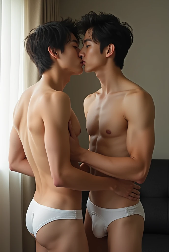 Photo Quality、3 handsome men、Mash Hair、Japanese male, 、kiss and cuddle each other, bulging crotch, Completely naked、Full nudity、erection、Huge penis、Highest quality、Realistic、beautiful、School gym、Completely naked、Blowjob