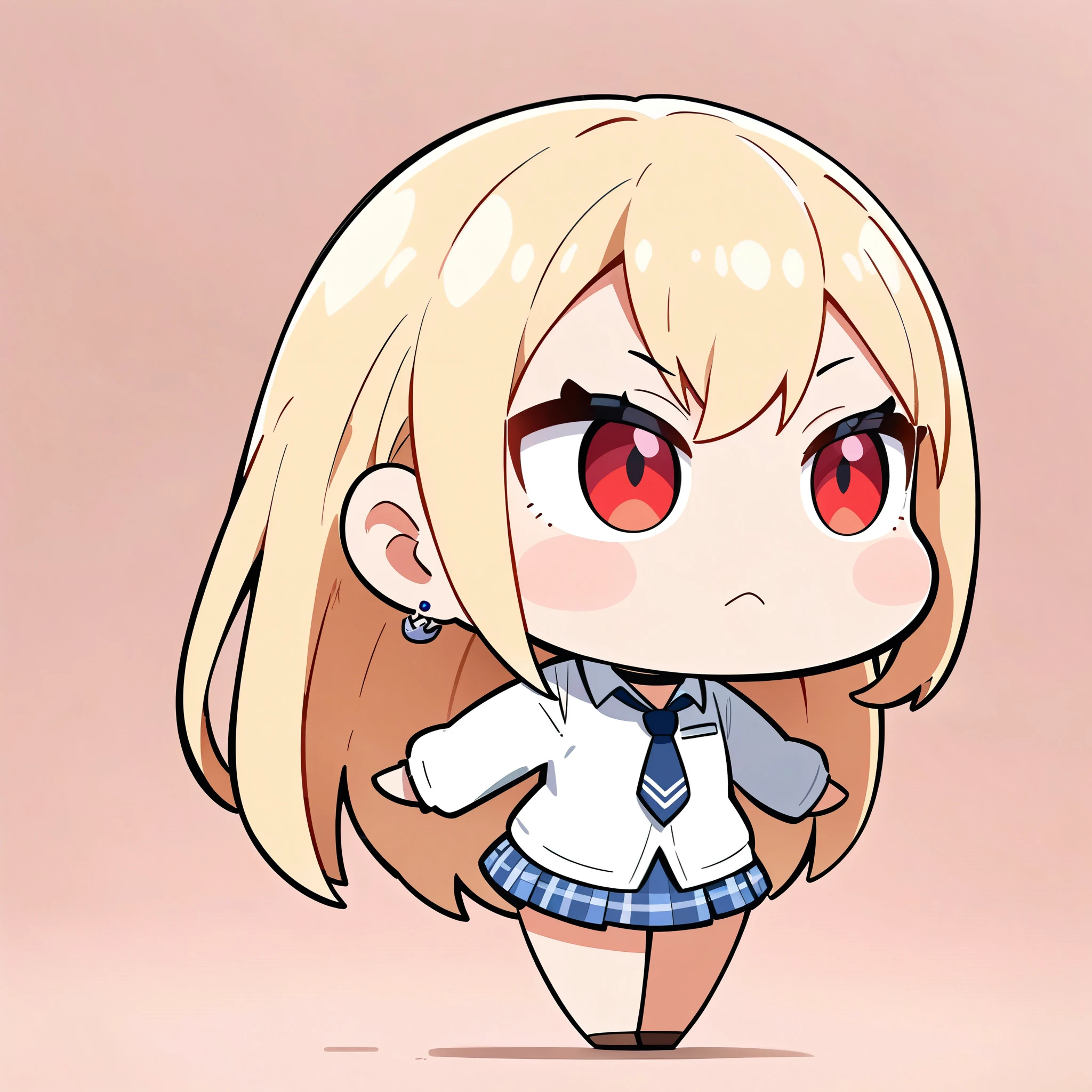 ((Chibi cute, Anime Style, Anime characters, Deformation, masterpiece:1.2)), 1 Girl, (Kitagawa Marine, Blonde, Straight long hair, Pink gradient hair, Red eyes, Earrings, White shirt, Black Choker, Blue tie, Checked skirt), Hands behind the body, Pleated skirt spreads out, School Background:1.2.