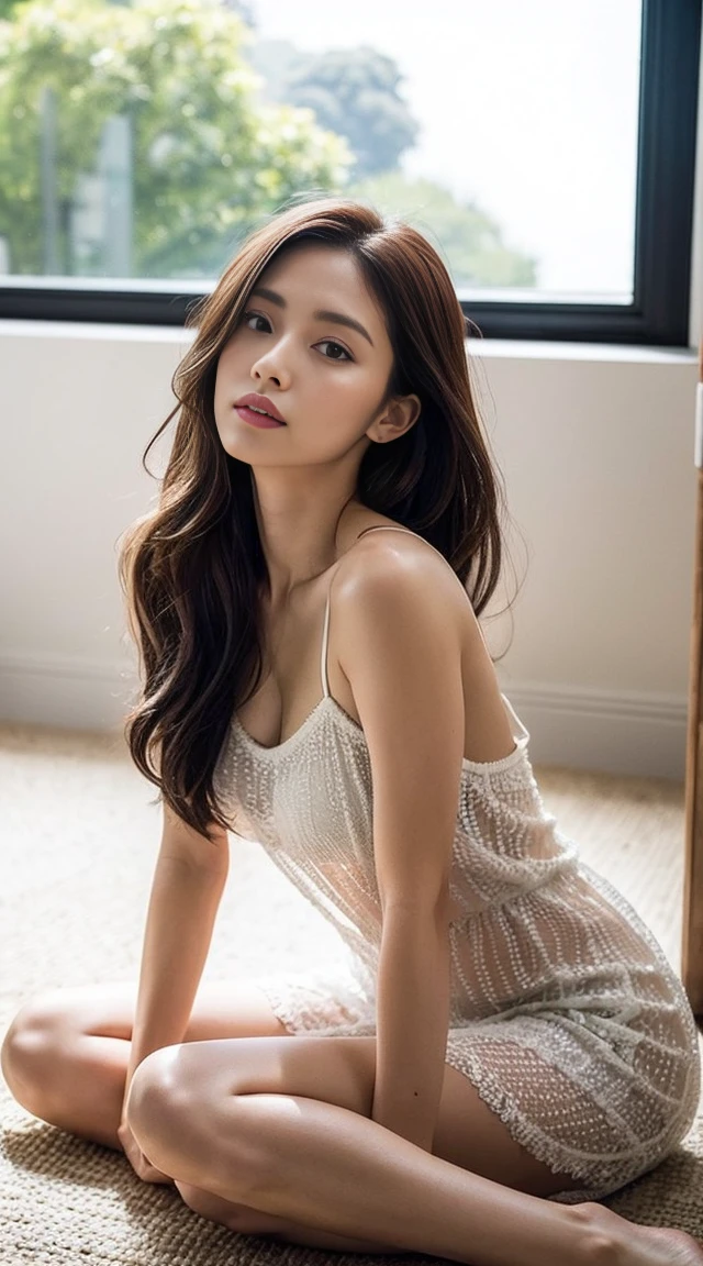 Dark brown hair、Light brown eyes、Japanese actress、 Lady、I am about 40 years old..、(Intricate details:1.2)、(Which one is on top??:1.4)、 (Ultra-high resolution:1.2)、Ultra-high resolution、(Finely tuned)、(Detailed facial features)、Hmph、8K resolution、D cup size breasts、Long Hair、Large windows、Extravagant space、relax、、,Full body photo、Head to toe shot、Beautiful legs、Camisole dress、Beautiful legs、A refreshing room filled with sunlight、she, household items, (plant:0.8), Fashion Hub, Extreme Detail, Very detailed, Realistic, Hourglass-shaped body, Obscene pose,、、私 cry a lot、tears、person on the left、White wall、White floor、diagonally from below、Please lift your chin、テーブルの上にsit、relaxした表情、Pose of Weakness、(auraroid photo:1.2)、From outside the window、Transparent Painting、8K、32k、Highest quality、(Details of both eyes)、1 Girl、elegant、(Loose dress :1.4)、sunset、sit、(Low Angle、From what angle do you see this?:1.2)、Hilarious、Leaning against a wall、