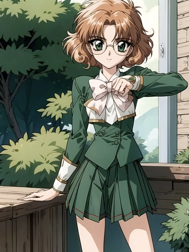 Rayearth, hououji_fu, 1 female, 20-year-old, alone, thin, slender, small breasts!!!, short hair, curly hair, Bedhead, thin, slender, (((glasses))), solo, green skirt, pleated skirt, brown hair, bow, school uniform, green eyes, white shoes, Half Smile, Are standing, portrait