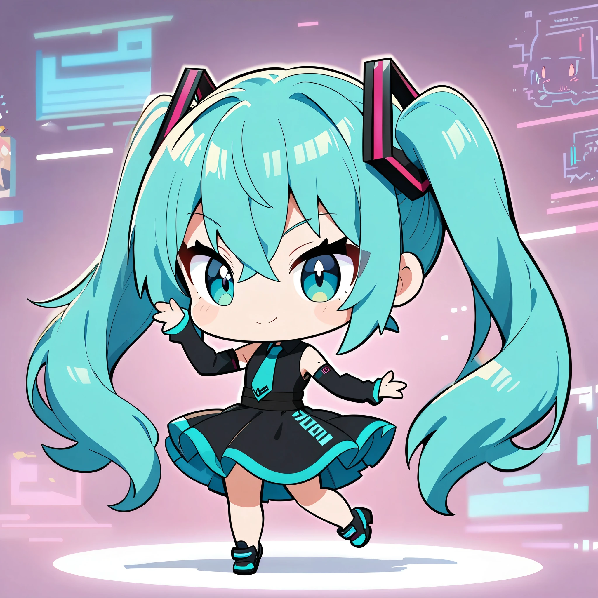 ((Chibi cute, Anime Style, Anime characters, Deformation, masterpiece:1.2)), 1 Girl, (hatsune miku, Aqua Eye, Aqua Hair, bangs, whole body, Hair between the eyes, Long Hair, Twin tails, very Long Hair), Sheer dress, Jump pose, Dress spread, cyberspace background.