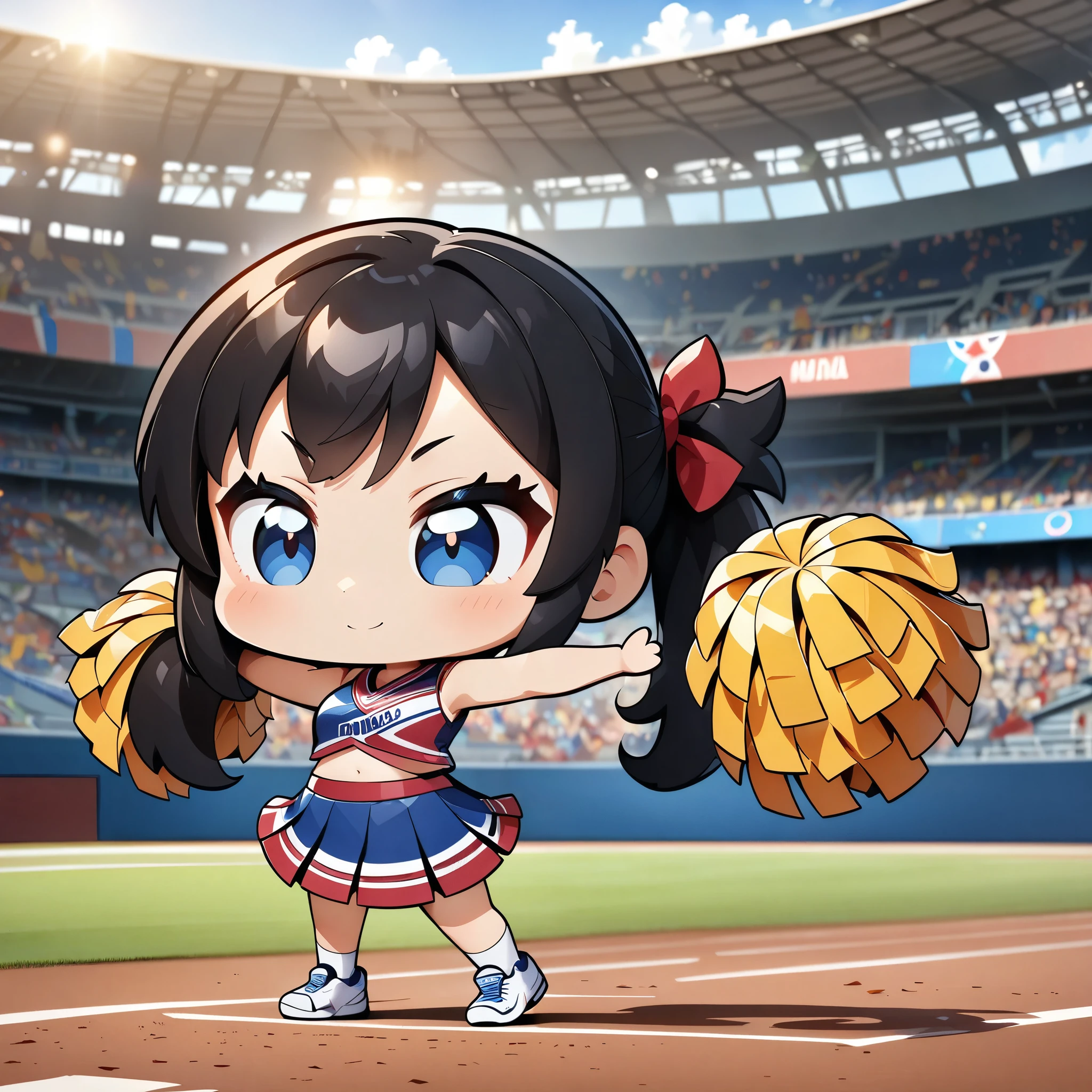 ((Chibi cute, Anime Style, Anime characters, Deformation, masterpiece:1.2)), 1 Girl, Black Hair, Twin tails , Cheerleader, Dance action, Stadium Background. 