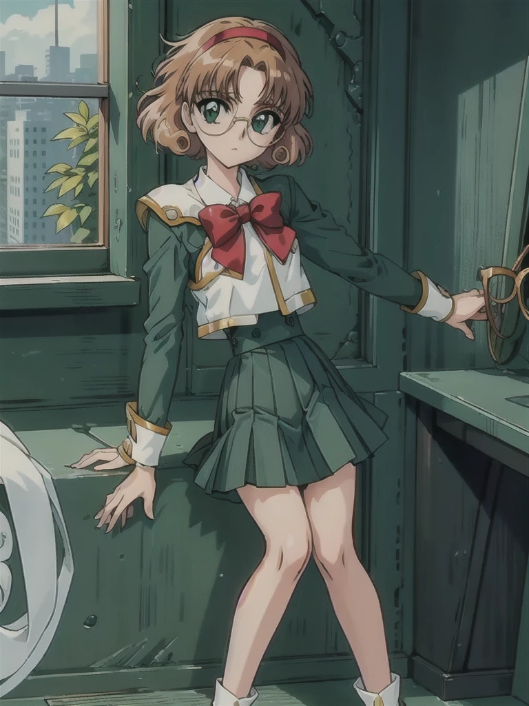 Rayearth, hououji_fu, 1 female, 20-year-old, alone, thin, slender, small breasts!!!, short hair, curly hair, Bedhead, thin, slender, (((glasses))), solo, green skirt, pleated skirt, brown hair, bow, school uniform, green eyes, white shoes, Half Smile, Are standing, portrait