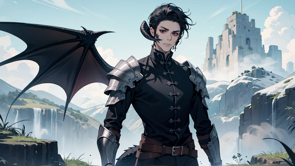 man, looking at camera tall, dragon man, black horns, black scales, slick back hair, black hair, dragon tail, black, wings, armor, red eyes au ra, sclaes, black, music, landscape, magic
