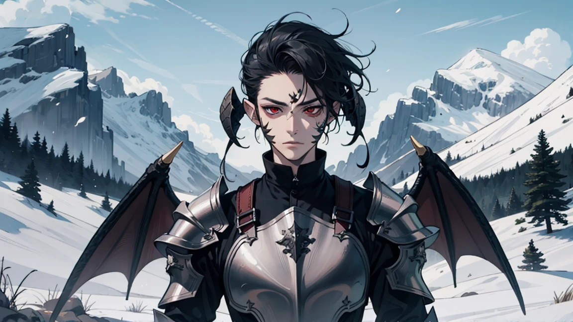 man, looking at camera tall, dragon man, black horns, black scales, slick back hair, black hair, dragon tail, black, wings, armor, red eyes au ra, sclaes, black, music, landscape, magic
