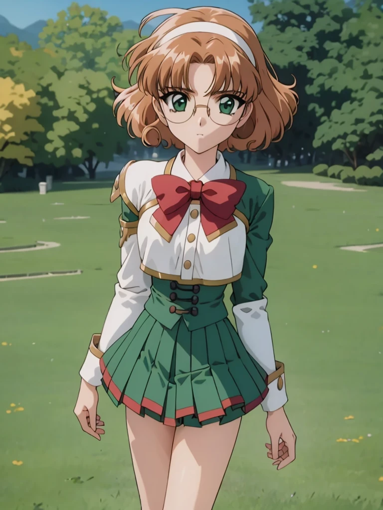 Rayearth, hououji_fu, 1 female, 20-year-old, alone, thin, slender, small breasts!!!, short hair, curly hair, Bedhead, thin, slender, (((glasses))), solo, green skirt, pleated skirt, brown hair, bow, school uniform, green eyes, white shoes, Half Smile, Are standing, portrait