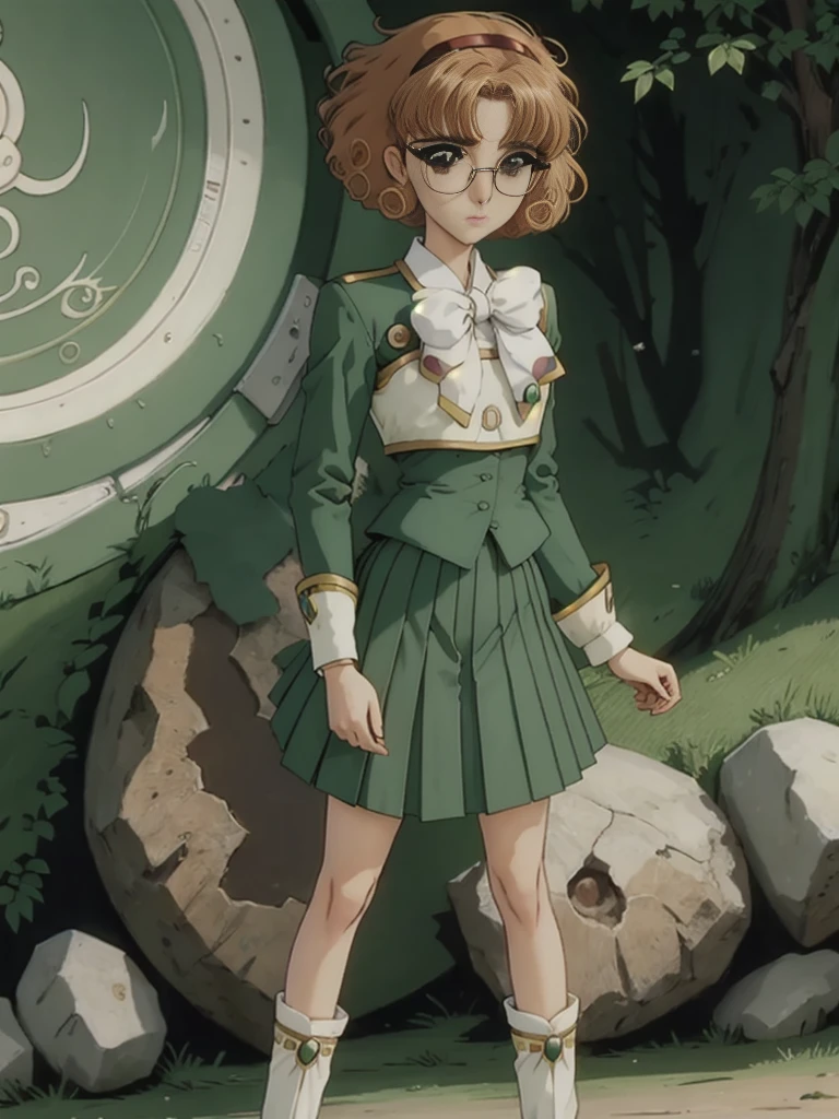 Rayearth, hououji_fu, 1 female, 20-year-old, alone, thin, slender, small breasts!!!, short hair, curly hair, Bedhead, thin, slender, (((glasses))), solo, green skirt, pleated skirt, brown hair, bow, school uniform, green eyes, white shoes, Half Smile, Are standing, portrait