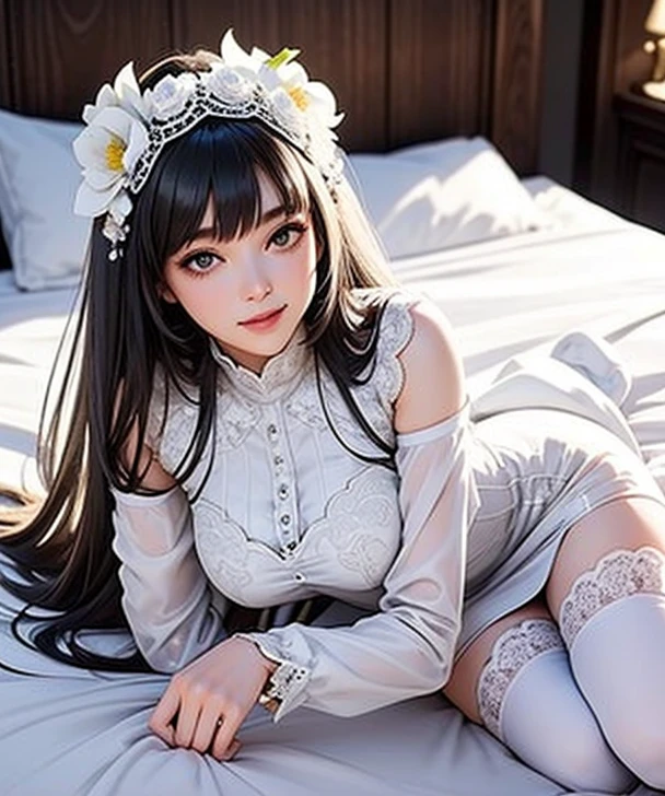 18k, a woman beautiful dress, ((white dress and black stocking)), white flowers in head up, smile, realistic  high detailed, ultra realistic, indoor room bed sleep