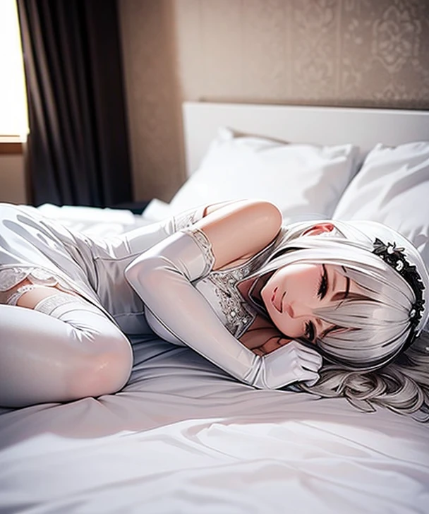 18k, a woman beautiful dress, ((white dress and black stocking)), white flowers in head up, smile, realistic  high detailed, ultra realistic, indoor room bed sleep