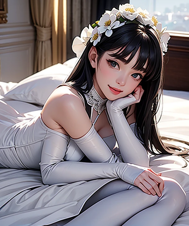 18k, a woman beautiful dress, ((white dress and black stocking)), white flowers in head up, smile, realistic  high detailed, ultra realistic, indoor room bed sleep