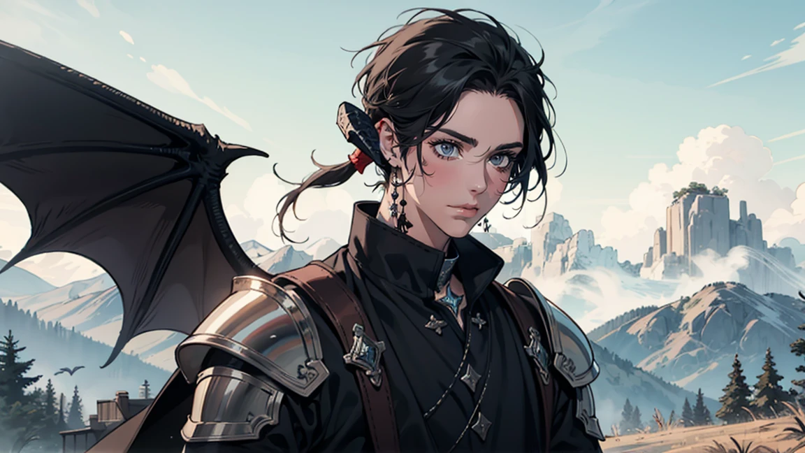 man, looking at camera tall, dragon man, black horns, black scales, slick back hair, black hair, dragon tail, black, wings, armor, red eyes au ra, sclaes, black, music, landscape, magic
