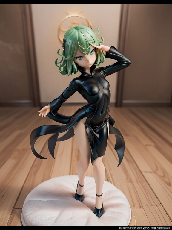 masterpiece, best quality, ultra-detailed, illustration, epic lighting, cinematic composition, 1girl, tatsumaki, very small breasts, black dress, pelvic curtain, long sleeves, green eyes, glowing eyes, crossed arms, pouting, closed mouth, piercing gaze,standing, legs apart, from below, looking at viewer, blue sky, (8k:1.1)