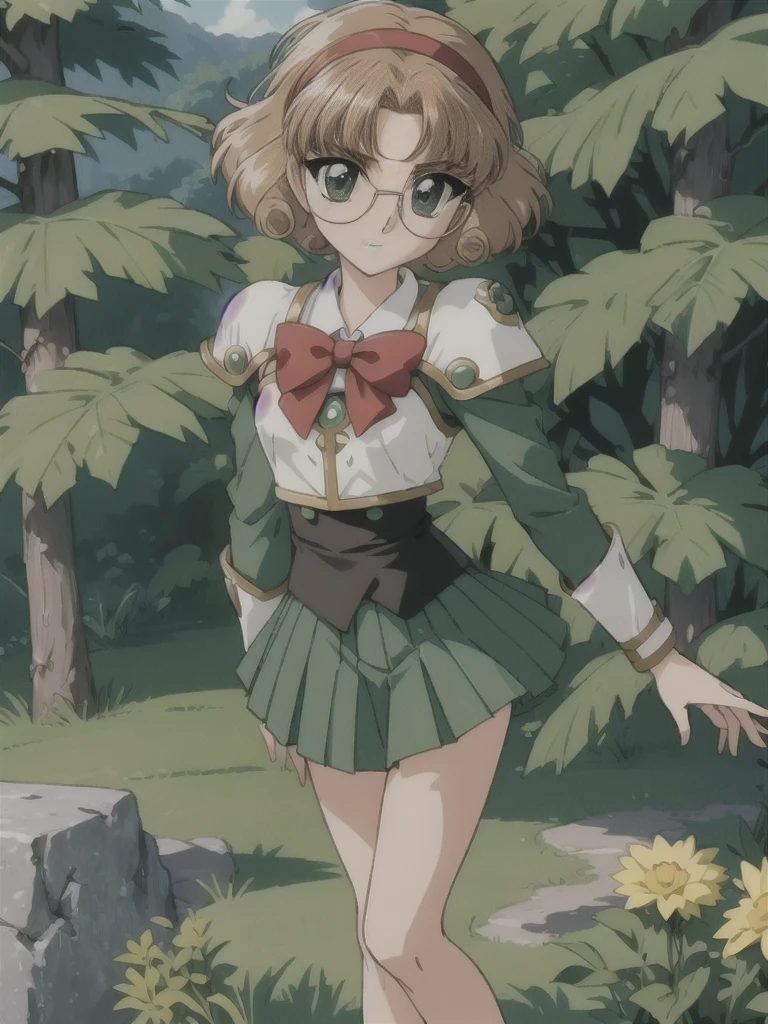 Rayearth, hououji_fu, 1 female, 20-year-old, alone, thin, slender, small breasts!!!, short hair, curly hair, Bedhead, thin, slender, (((glasses))), solo, green skirt, pleated skirt, brown hair, bow, school uniform, green eyes, white shoes, Half Smile, Are standing, portrait